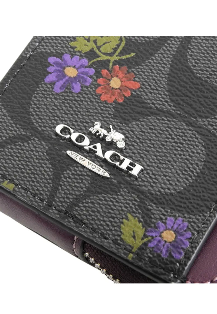 Coach Zip Card Case In Signature Canvas With Country Floral Print - Black/Multi