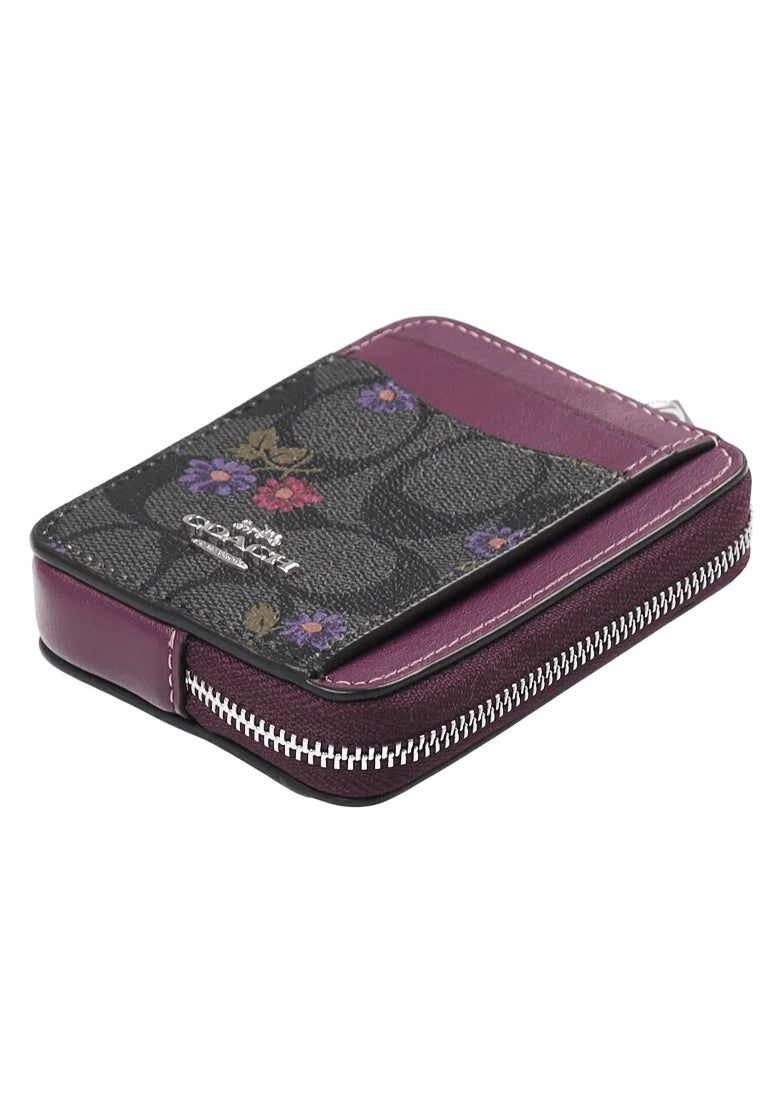 Coach Zip Card Case In Signature Canvas With Country Floral Print - Black/Multi