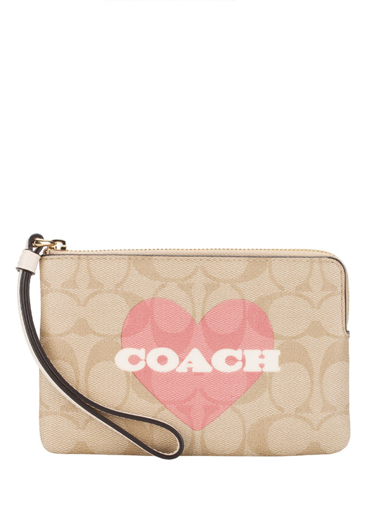 Corner Zip Wristlet In Signature Canvas With Heart Print - Light Brown