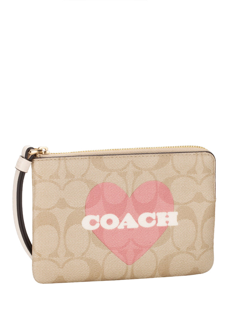 Corner Zip Wristlet In Signature Canvas With Heart Print - Light Brown