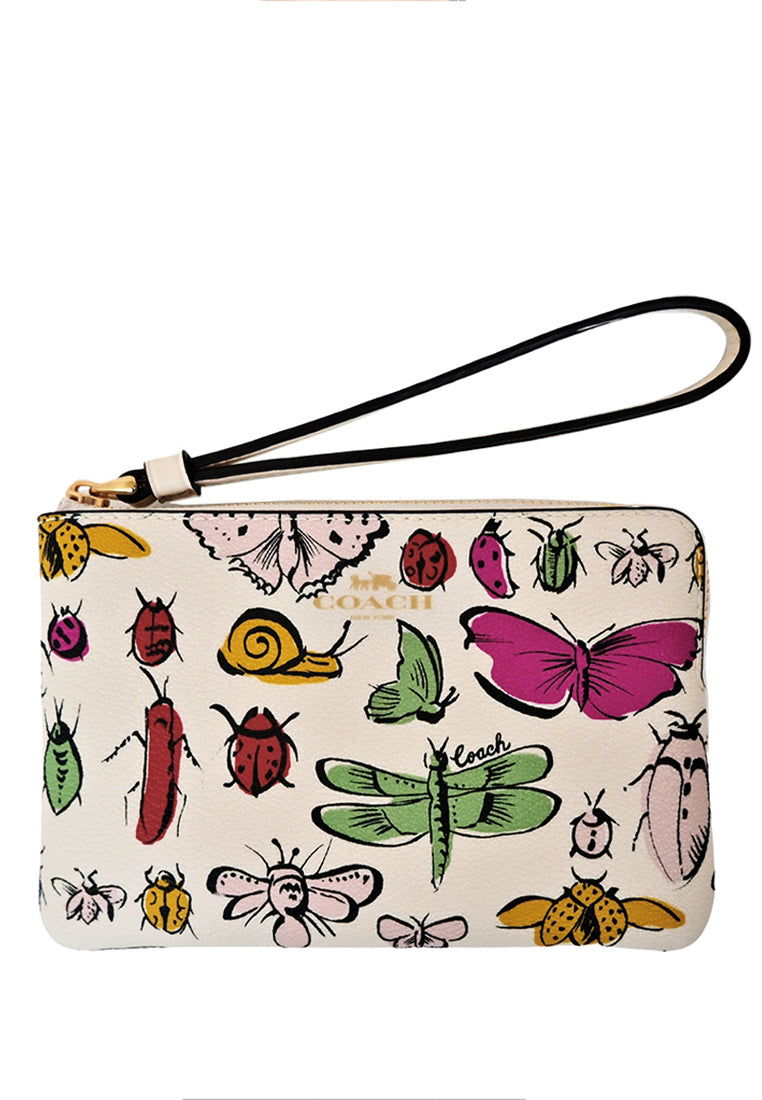 Coach Corner Zip Wristlet With Creature Print - White