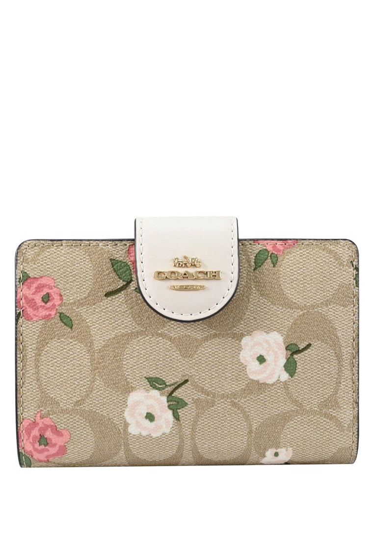 Coach Medium Corner Zip Wallet In Signature Canvas With Floral Print - Light Brown