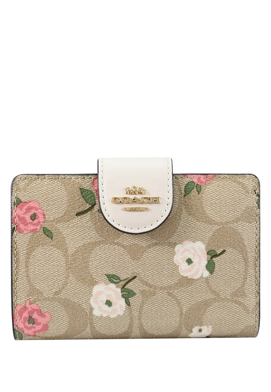 Coach Medium Corner Zip Wallet In Signature Canvas With Floral Print - Light Brown