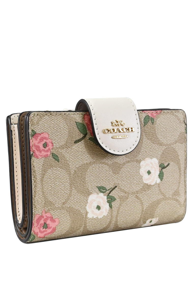 Coach Medium Corner Zip Wallet In Signature Canvas With Floral Print - Light Brown