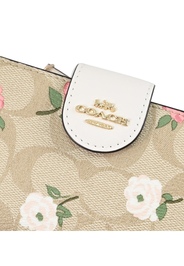 Coach Medium Corner Zip Wallet In Signature Canvas With Floral Print - Light Brown