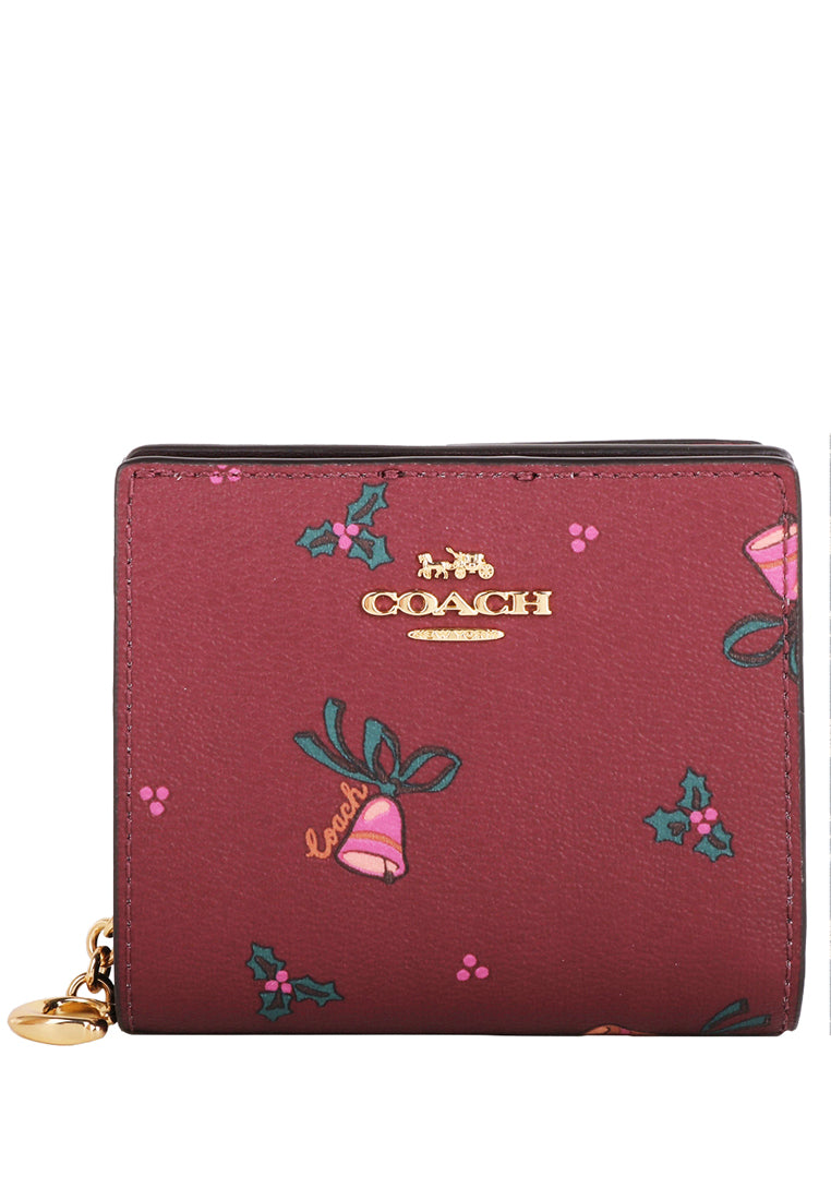 Coach Snap Wallet With Holiday Bells Print - Black Cherry