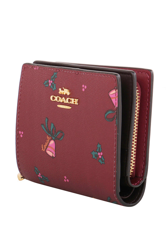 Coach Snap Wallet With Holiday Bells Print - Black Cherry