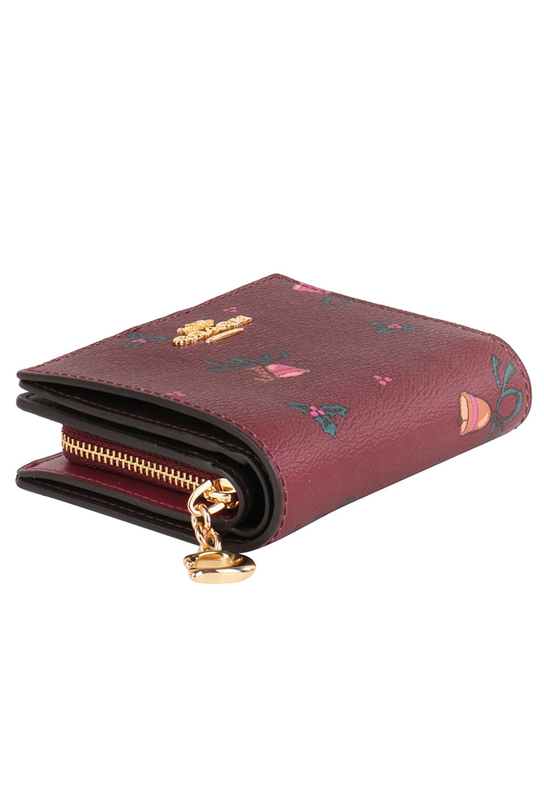 Coach Snap Wallet With Holiday Bells Print - Black Cherry