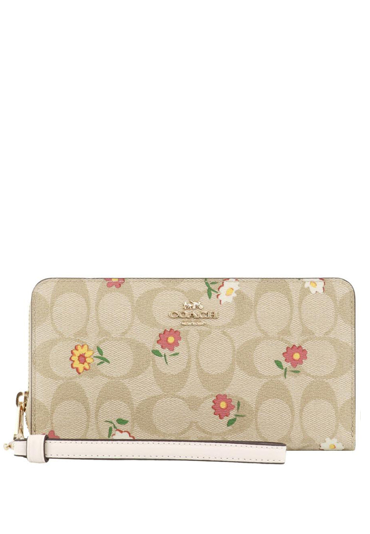 Coach Long Zip Around Wallet In Signature Canvas With Nostalgic Ditsy Print - Light Brown/Multi