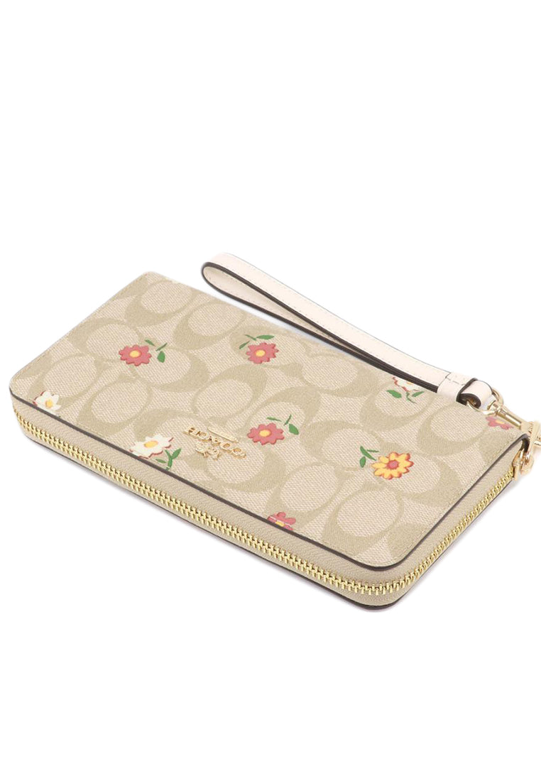 Coach Long Zip Around Wallet In Signature Canvas With Nostalgic Ditsy Print - Light Brown/Multi