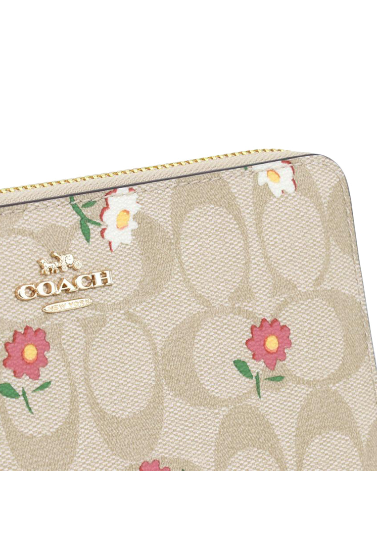 Coach Long Zip Around Wallet In Signature Canvas With Nostalgic Ditsy Print - Light Brown/Multi