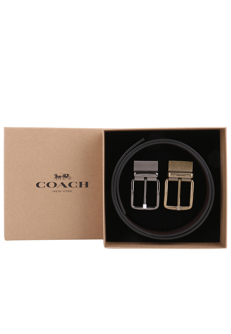 Coach Boxed Harness Buckle Cut To Size Reversible Belt 38MM - Black/Dark Brown