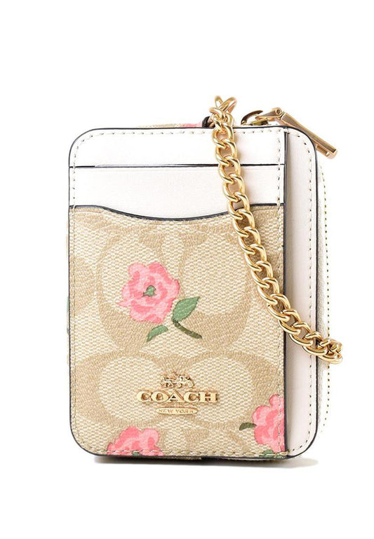 Coach Zip Card Case In Signature Canvas With Floral Print - Light Brown