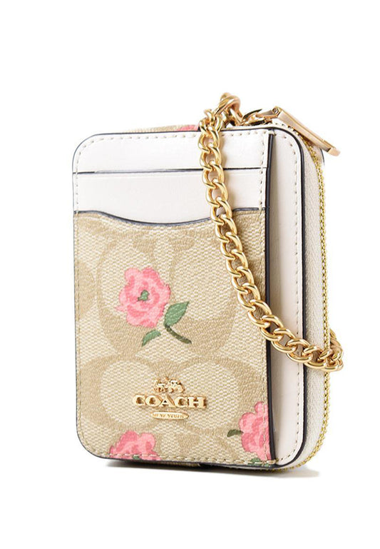 Coach Zip Card Case In Signature Canvas With Floral Print - Light Brown