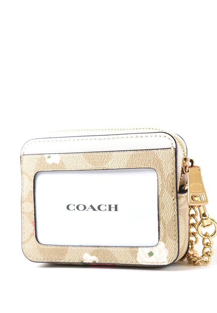 Coach Zip Card Case In Signature Canvas With Floral Print - Light Brown