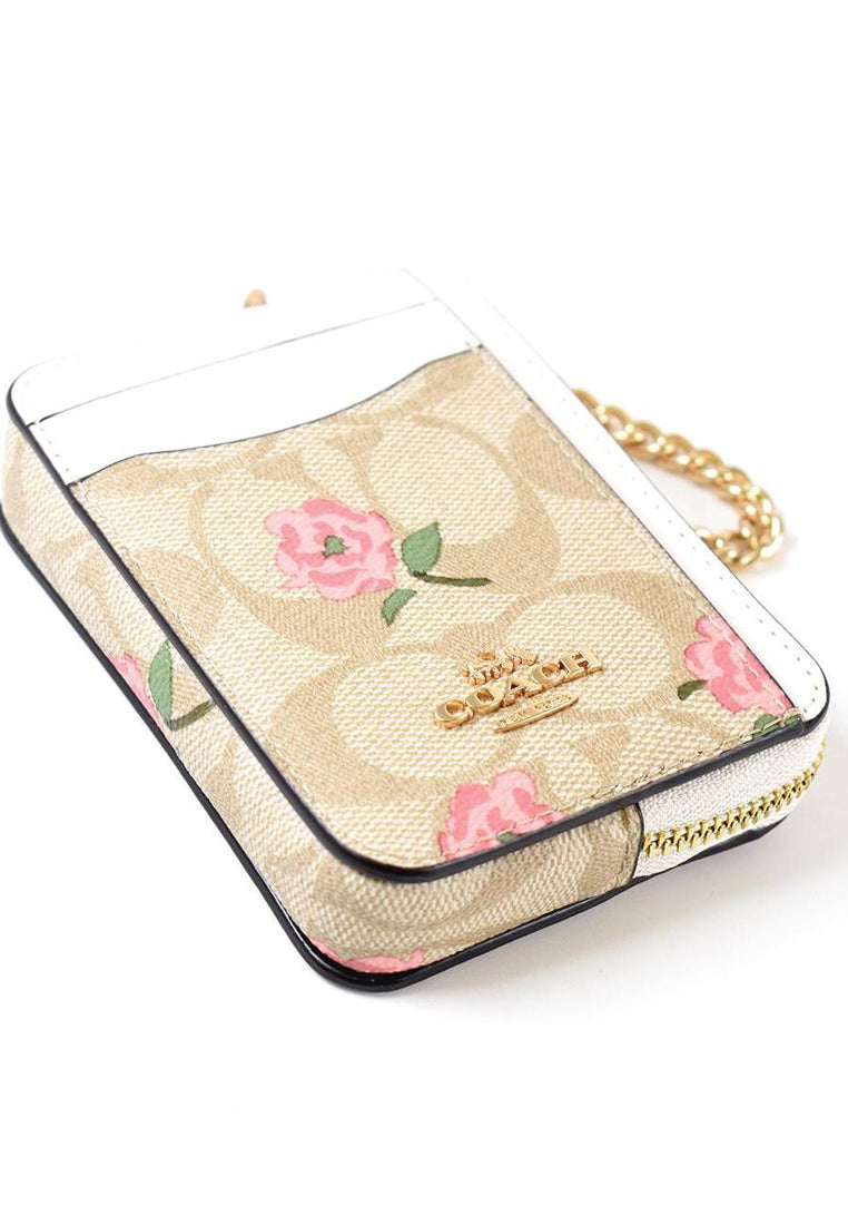 Coach Zip Card Case In Signature Canvas With Floral Print - Light Brown