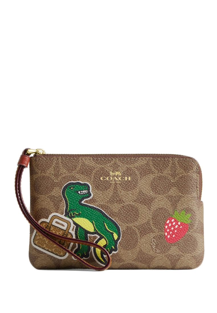 Coach Corner Zip Wristlet In Signature Canvas With Sticker Print - Brown/Multi