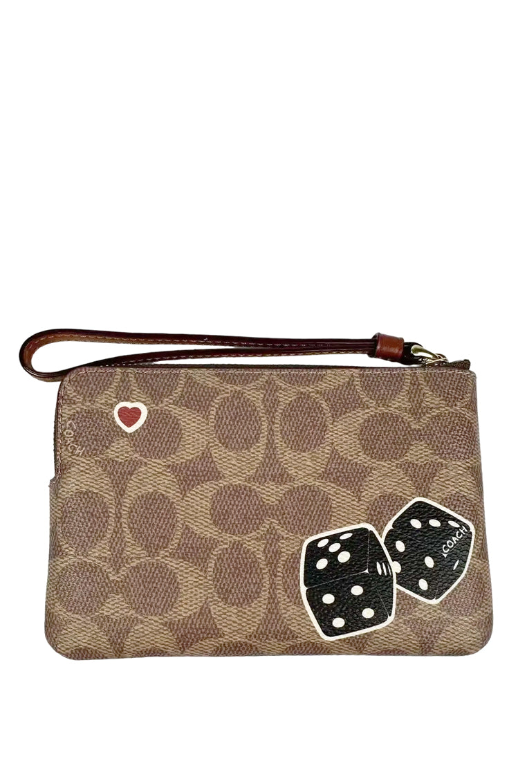 Coach Corner Zip Wristlet In Signature Canvas With Sticker Print - Brown/Multi