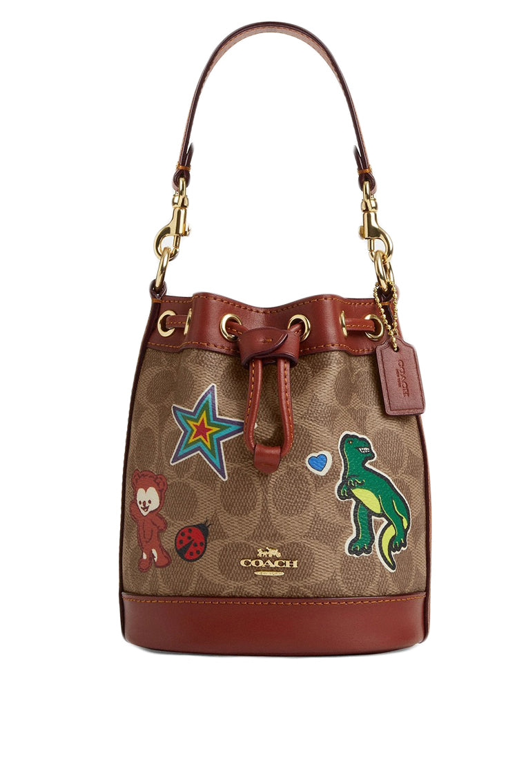 Coach Mini Bucket Bag In Signature Canvas With Sticker Print - Brown