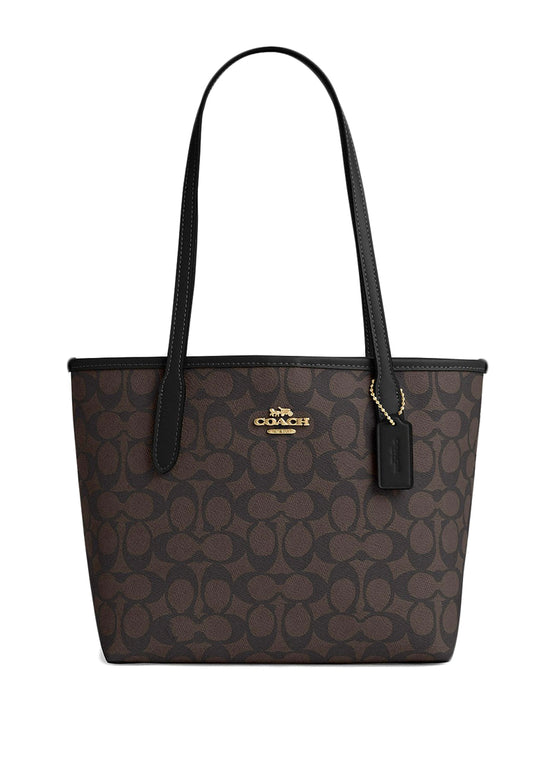 Coach Small City Tote Bag In Signature Canvas - Walnut Black