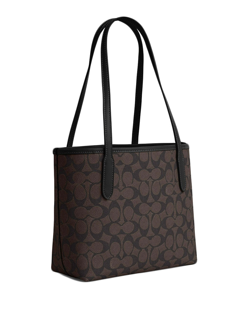 Coach Small City Tote Bag In Signature Canvas - Walnut Black