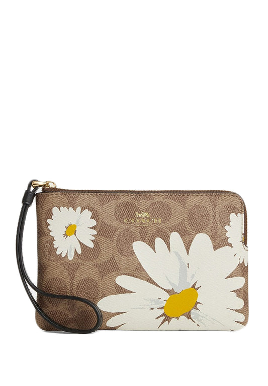 Coach Corner Zip Wristlet In Signature Canvas With Floral Print - Brown/Multi