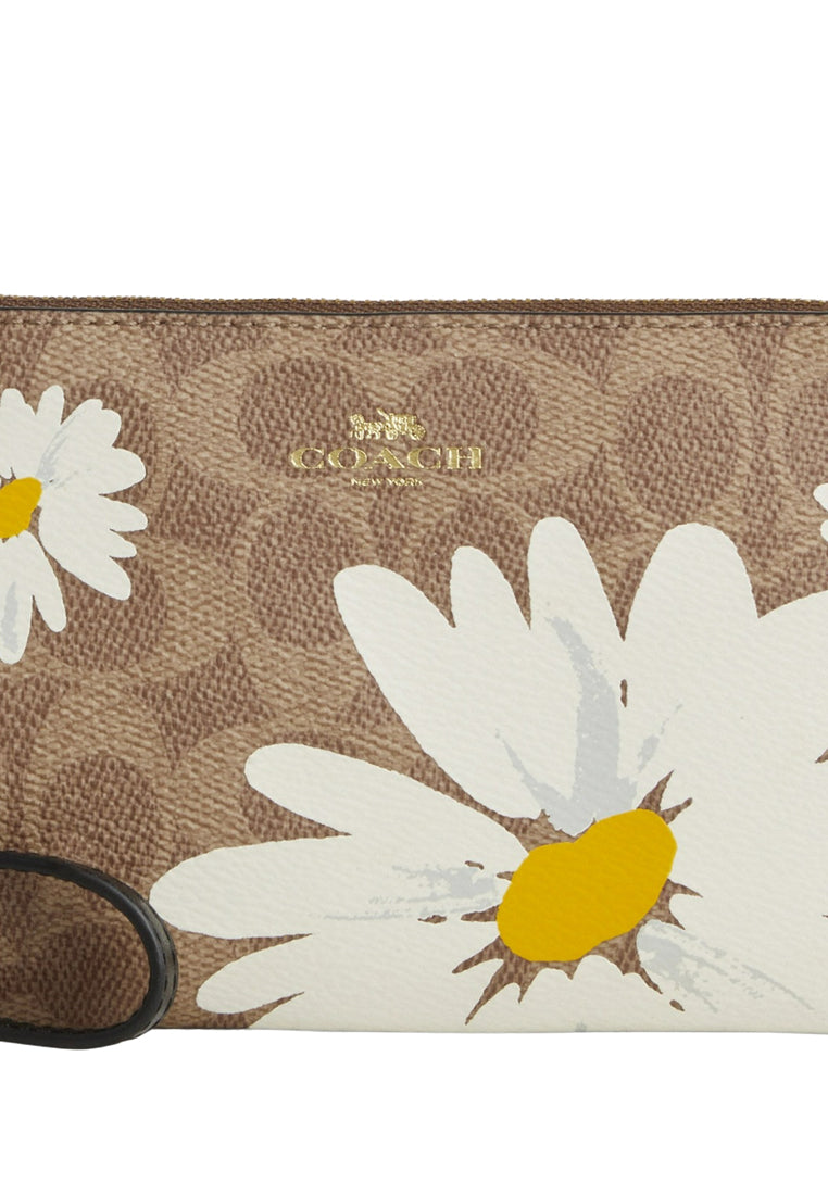 Coach Corner Zip Wristlet In Signature Canvas With Floral Print - Brown/Multi