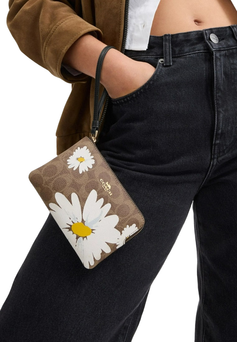 Coach Corner Zip Wristlet In Signature Canvas With Floral Print - Brown/Multi