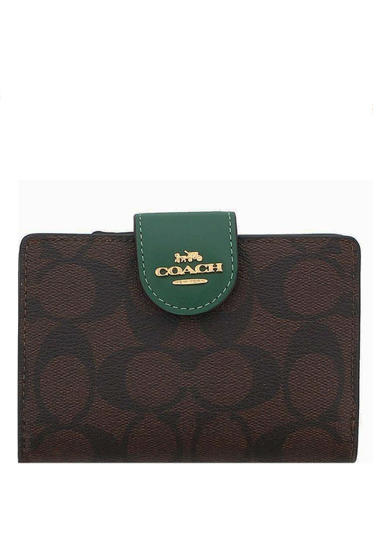 Coach Medium Corner Zip Wallet In Signature Canvas - Dark Brown/Dark Pine