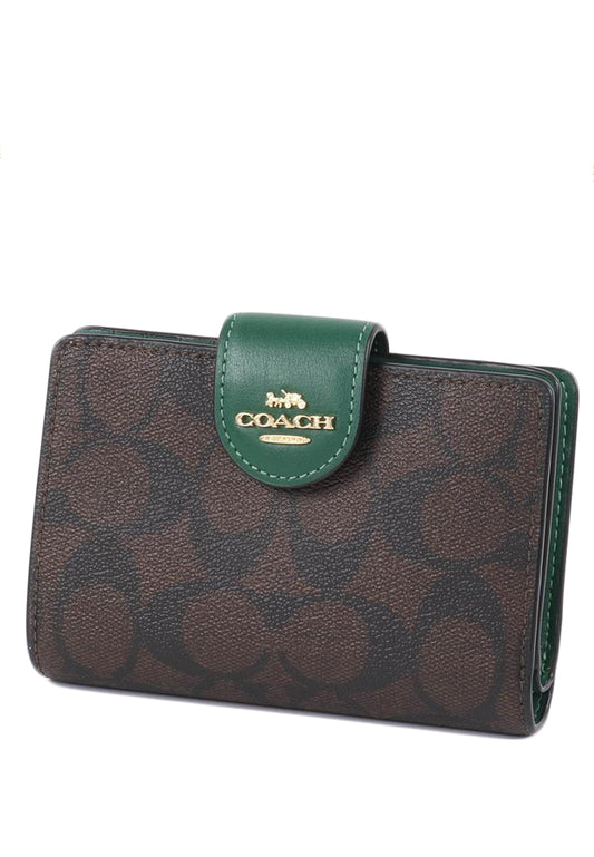 Coach Medium Corner Zip Wallet In Signature Canvas - Dark Brown/Dark Pine