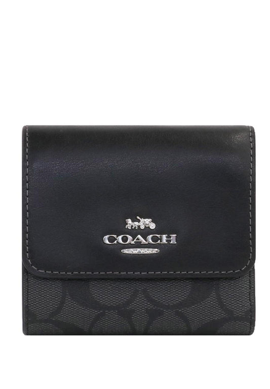 Coach Small Trifold Wallet In Blocked Signature Canvas - Black