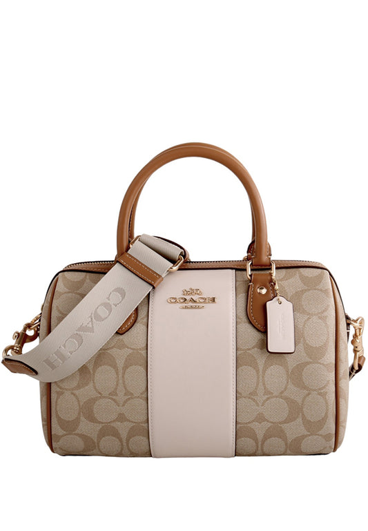 Coach Rowan Satchel In Signature Canvas With Stripe - Light Brown/White