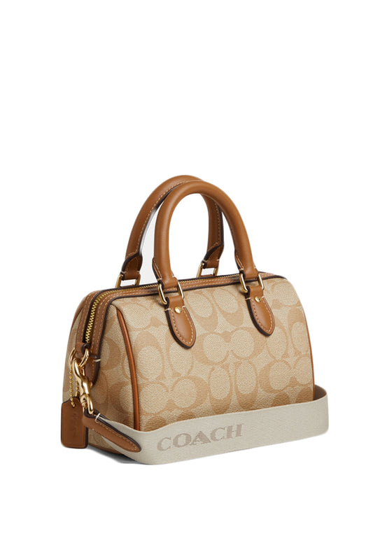 Coach Mini Rowan Crossbody In Signature Canvas With Stripe - Light Brown/White