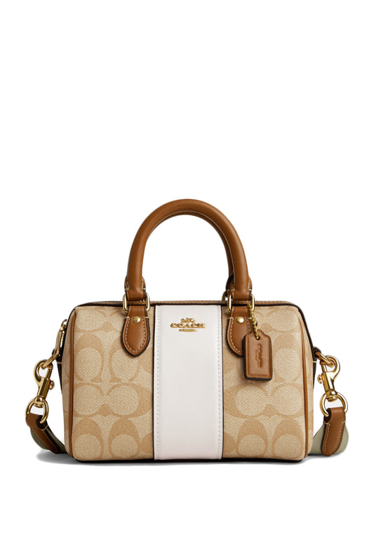 Coach Mini Rowan Crossbody In Signature Canvas With Stripe - Light Brown/White