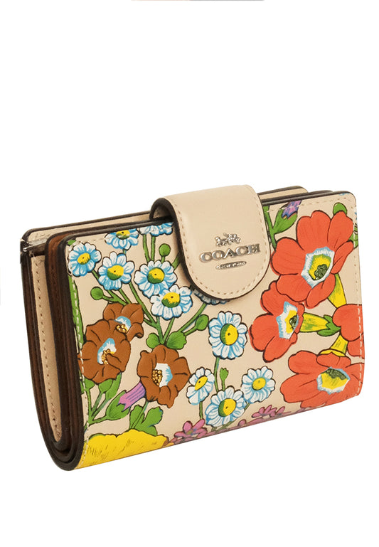 Coach Medium Corner Zip Wallet With Floral Print - White/Multi