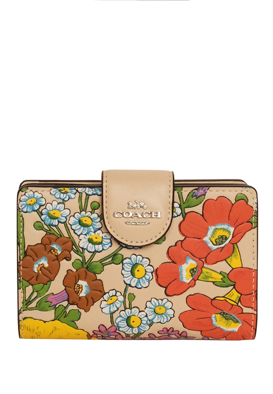 Coach Medium Corner Zip Wallet With Floral Print - White/Multi