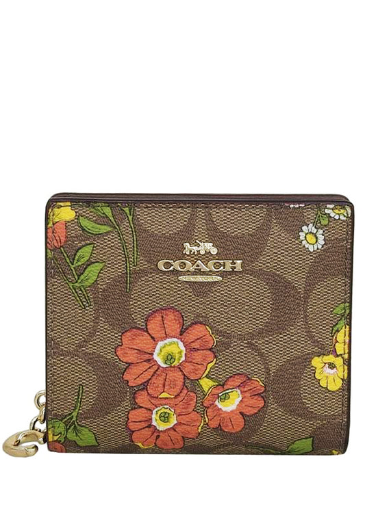 Coach Snap Wallet In Signature Canvas With Floral Print - Brown